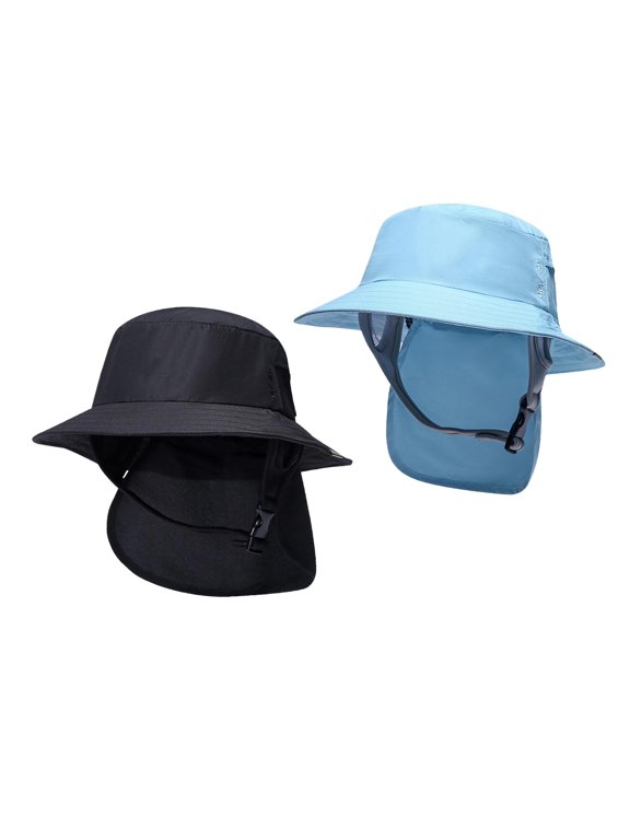 2Pieces Lightweight Surf Bucket Hat with Chin Straps Neck Flap Cover Wide Brim Black and Blue