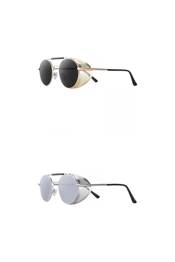 2x Round Steampunk Sunglasses UV400 Blocking for Women Men Black+Silver