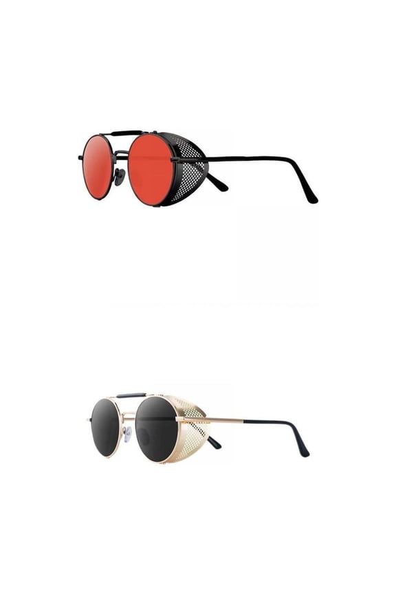 2x Round Steampunk Sunglasses UV400 Blocking for Women Men Red+Black
