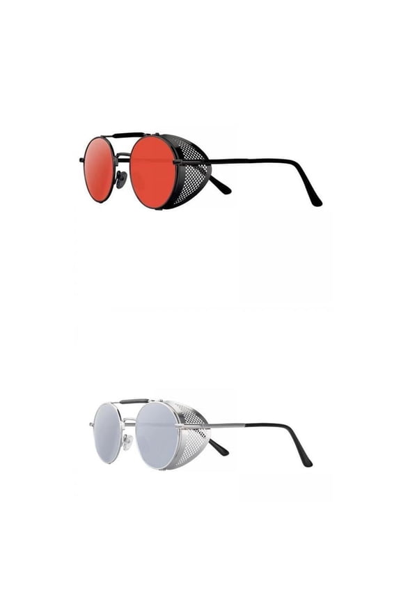 2x Round Steampunk Sunglasses UV400 Blocking for Women Men Red+Silver