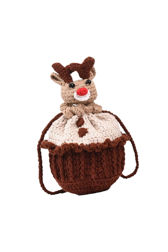 Crocheted Bag Hand Crocheted Handmade Drawstring Bucket Bag Cartoon Elk Yarn Bag