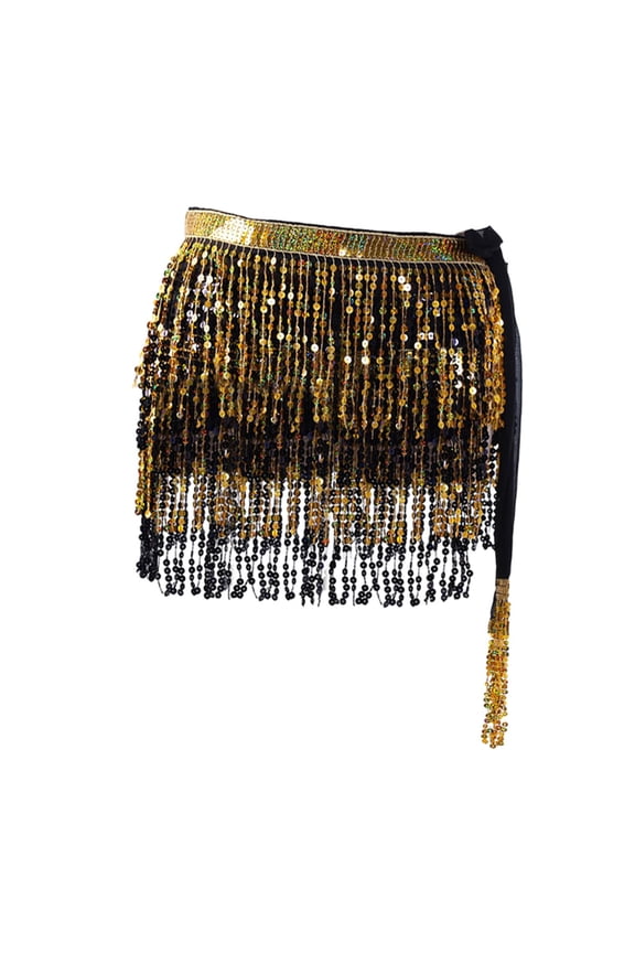 Fashion Sequin Skirt Dancewear Versatile Dress Clothes Tassel Scarf Belt for Cha Gold and Black