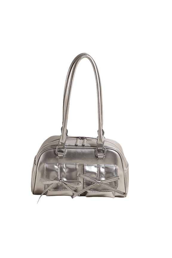 PU Leather Women's Shoulder Bag Bow Tie Casual with Zipper Stylish Ladies Purses Silver