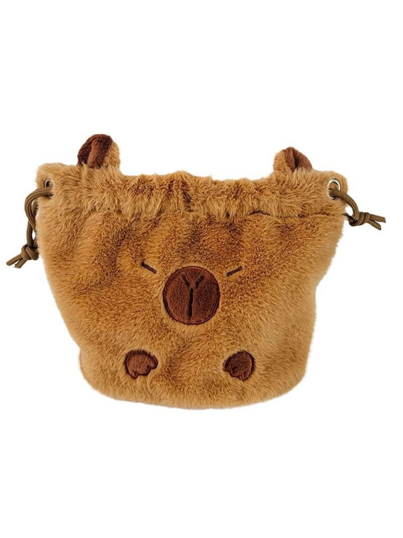 Plush Capybara Drawstring Handbag for Women Pouch Lightweight Purse for Holidays