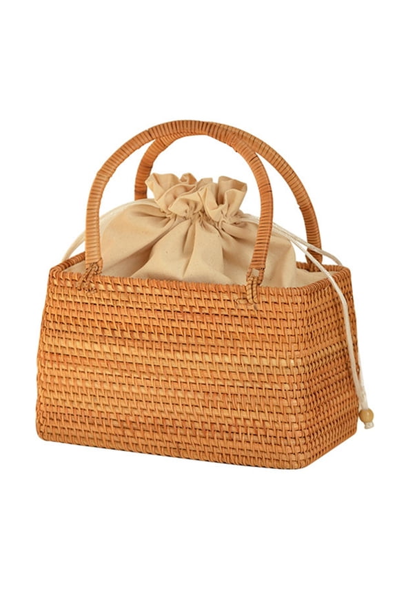 Rattan Woven Handbag Boho Style Casual Handle Clutch Big Capacity Picnic Basket with Inner Pocket , Rectangle