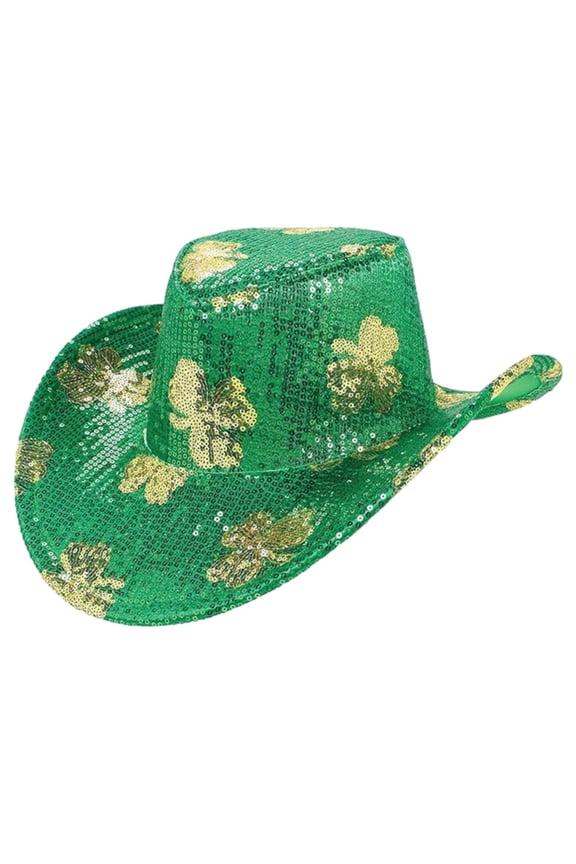 ST Patricks Day Hats Decoration Wide Brim Sparkly Flashing Sequin Cowboy Hat for