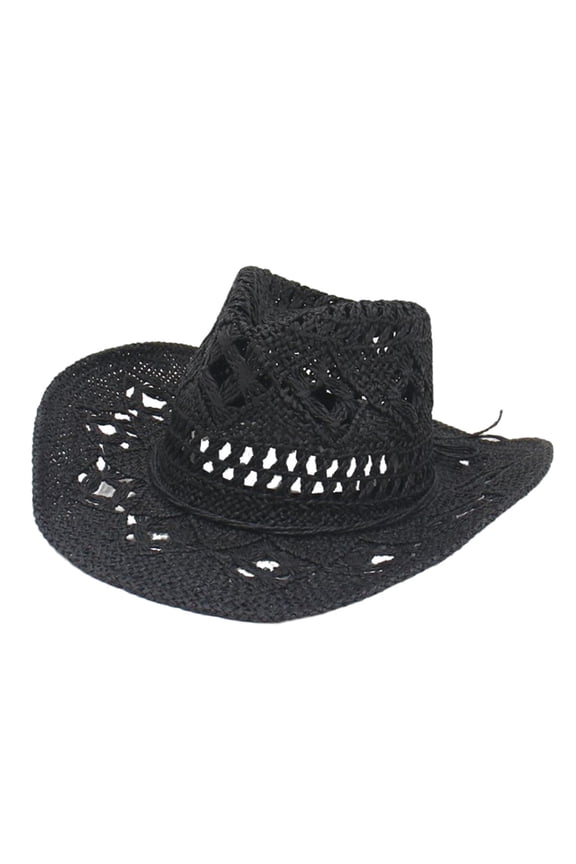 Straw Cowboy Hat Handmade Weave Straw Hats Wide Brim Sun Hat for Holiday Black