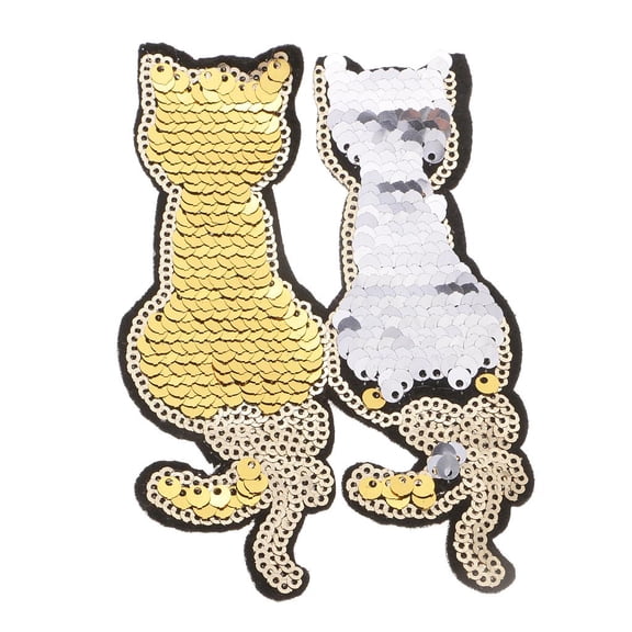 Wxqbjtam Two Cats Reversible Patch Embroidered Iron on Sew on Applique Glitter Sequin for