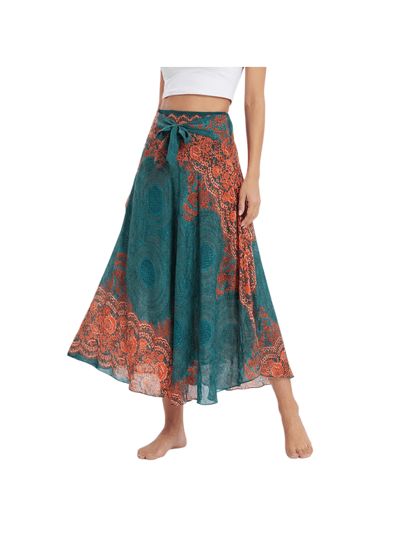 Women's Long Hippie Bohemian Skirt Gypsy Dress Boho Clothes Skirt - Green, as