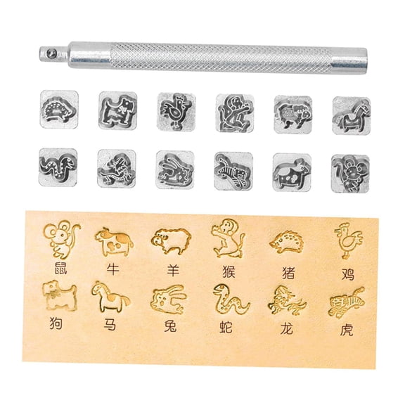 Wxqbjtam harilla Leather Craft Set, 12 Pieces Leather Tool Kit with Leather Stamping Chinese Zodiac