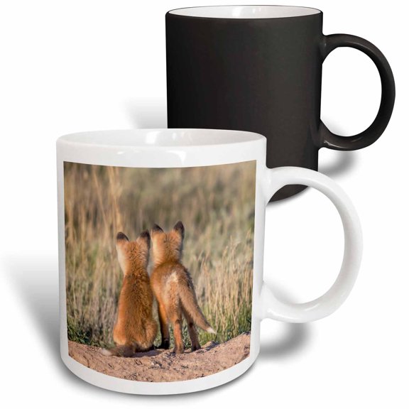 3drose, Wy. Two Young Fox Kits Watch from Their Den for a Parent, 11oz Magic Transforming Mug