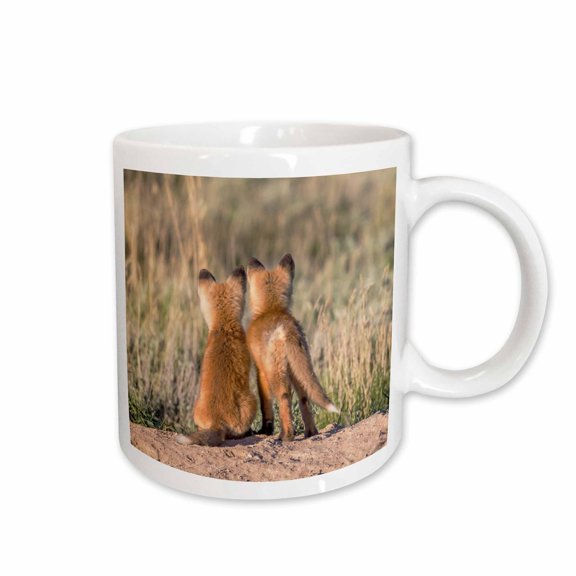 3drose, Wy. Two Young Fox Kits Watch from Their Den for a Parent, 11oz Mug