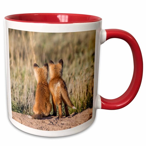 3drose, Wy. Two Young Fox Kits Watch from Their Den for a Parent, 11oz Two-tone Red Mug