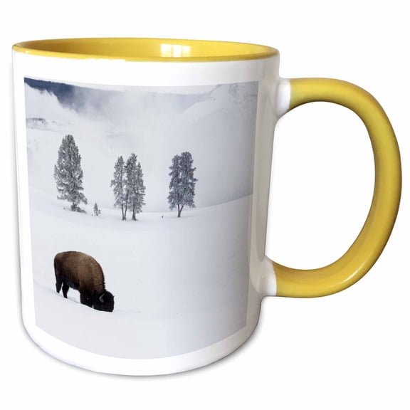 3drose, Wy, Yellowstone Np. American Bison Bull Foraging Beneath the Snow., 11oz Two-tone Yellow Mug
