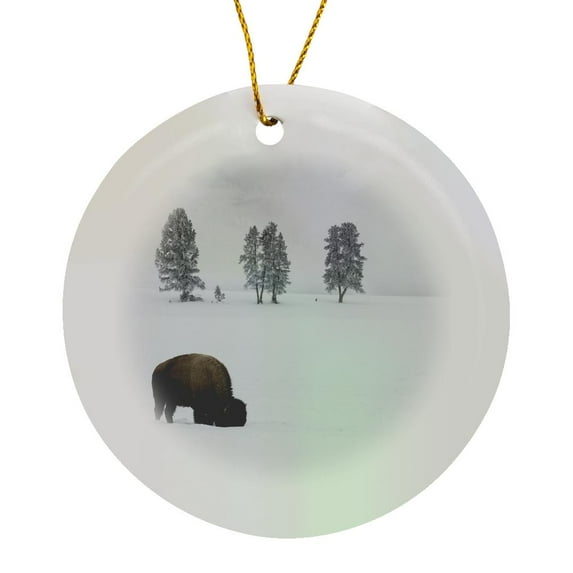 3drose, Wy, Yellowstone Np. American Bison Bull Foraging Beneath the Snow., Circle Porcelain Ornament