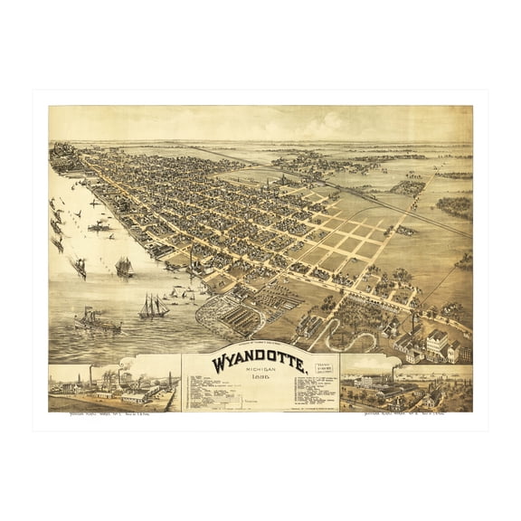 Wyandotte Art, 1896 Vintage Map of Wyandotte Michigan, MI History Wall Decor Gift, Old Wyandotte Map - 24" x 18" Unframed Print