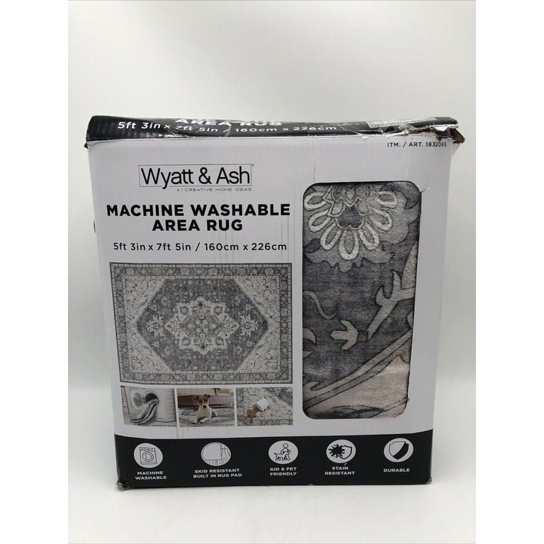 Wyatt & Ash Washable Area Rug, Darya 5 ft x 7ft - Gray Washable