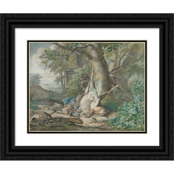 Wybrand Hendriks 18x15 Black Ornate Wood Framed Double Matted Museum Art Print Titled - Hunting Still Life in a Forest (1784)