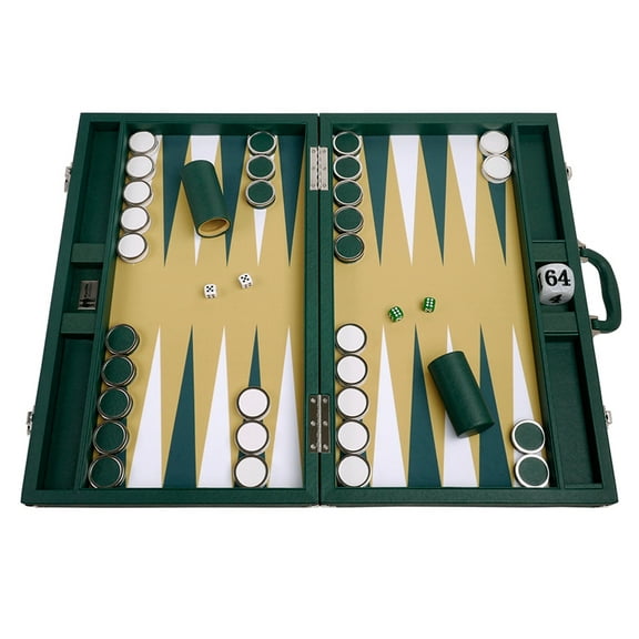 Wycliffe Brothers 23-inch Backgammon Set with 1.75-inch Nickel Checkers - Green Case with Mustard Field - Prestige Class