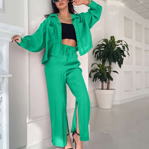 Wycnly 2 Piece Outfit for Women Fall Loose Casual Button Long Sleeve Linen Shirt and Drawstring Slit Pants Solid Lounge Sets