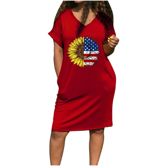 Wycnly 4th of July Dresses for Women Independence Day Fashion Patriotic Graphics Pocket Tunic Midi Dresses Short Sleeve V-Neck Sunflower USA Flag Print Summer Knee-Length Formal Dress Red xxl