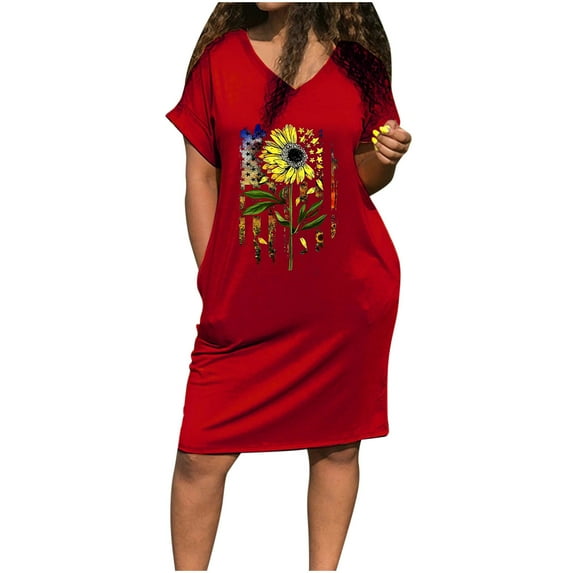 Wycnly 4th of July Dresses for Women Patriotic Independence Day Fashion Pocket Tunic Tshirt Dresses Short Sleeve V-Neck Sunflower US Flag Print Summer Midi Formal Dress Red m