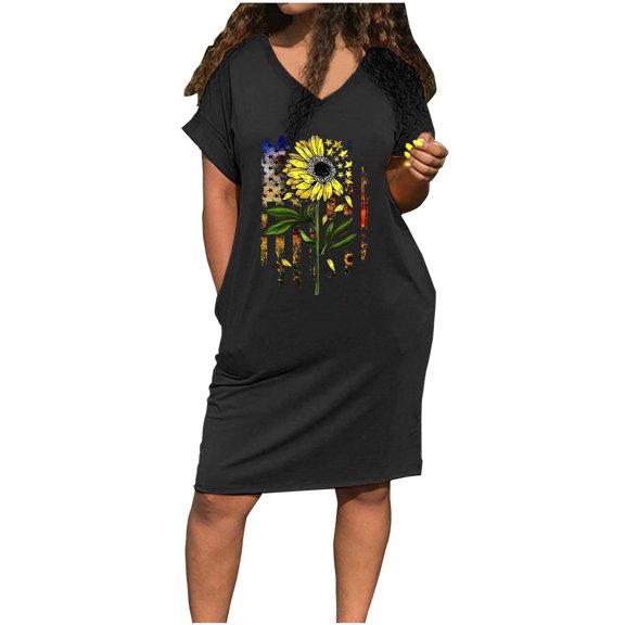 Wycnly 4th of July Dresses for Women Patriotic Independence Day Fashion Pocket Tunic Tshirt Dresses Short Sleeve V-Neck Sunflower US Flag Print Summer Midi Formal Dress Black s