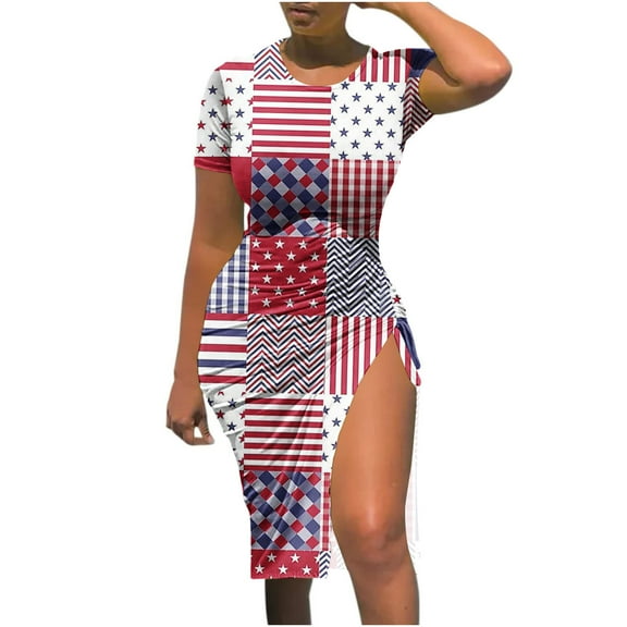 Wycnly 4th of July Dresses for Women Sexy Bodycon Slit Drawstring Independence Day Patriotic Dresses Short Sleeve Crewneck American Flag Print Summer Midi Formal Dress Wine xl