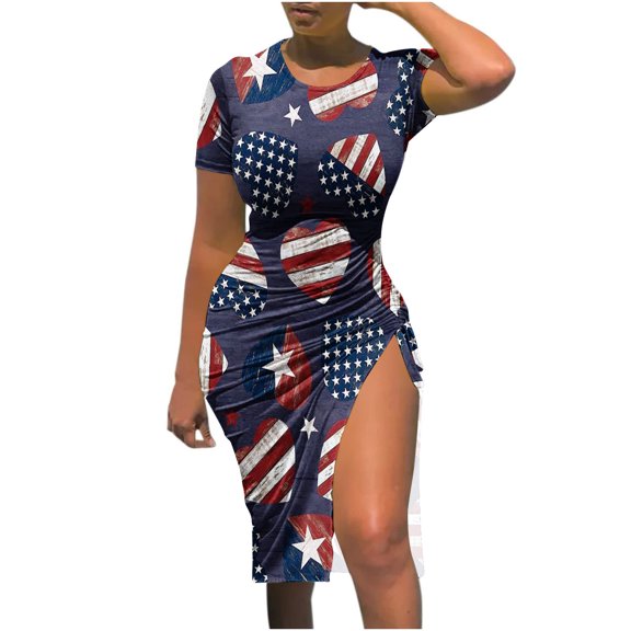Wycnly 4th of July Dresses for Women Sexy Bodycon Slit Drawstring Independence Day Patriotic Dresses Short Sleeve Crewneck American Flag Print Summer Midi Formal Dress Navy xl