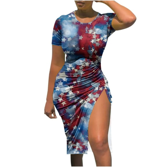 Wycnly 4th of July Dresses for Women Sexy Bodycon Slit Drawstring Independence Day Patriotic Dresses Short Sleeve Crewneck American Flag Print Summer Midi Formal Dress Blue xl