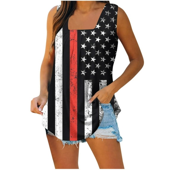 Wycnly 4th of July Tank Top for Women Breathable Comfy Pleated Hem Shirts Independence Day Tunic Vest Summer US Flag Print Square Neck Sleeveless Fashion Blouses Black xl
