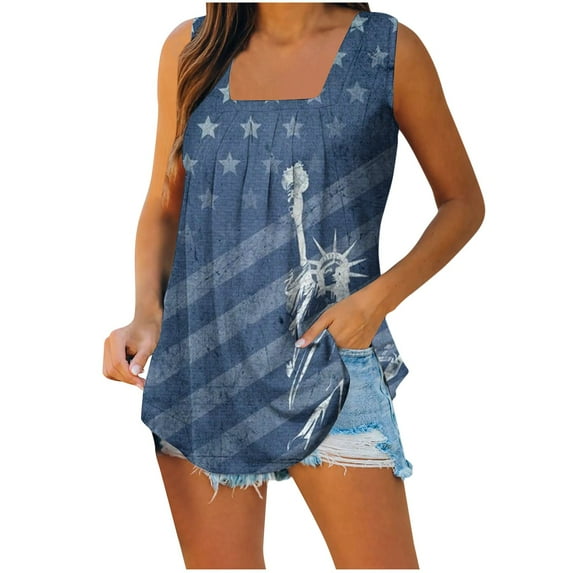 Wycnly 4th of July Tank Top for Women Breathable Comfy Pleated Hem Shirts Independence Day Tunic Vest Summer US Flag Print Square Neck Sleeveless Fashion Blouses Navy xl