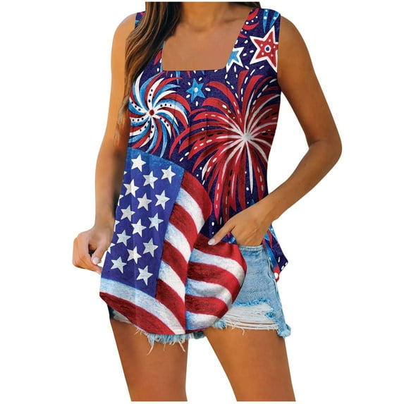 Wycnly 4th of July Tank Top for Women Breathable Comfy Pleated Hem Shirts Independence Day Tunic Vest Summer US Flag Print Square Neck Sleeveless Fashion Blouses Red l