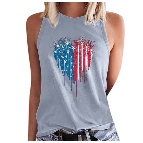 Wycnly 4th of July Tank Top for Women Comfy Loose Fit Independence Day Patriotic Vest Shirts Summer Heart US Flag Print Round Neck Sleeveless Fashion Blouses Gray s