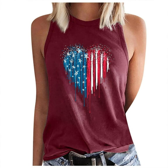 Wycnly 4th of July Tank Top for Women Comfy Loose Fit Independence Day Patriotic Vest Shirts Summer Heart US Flag Print Round Neck Sleeveless Fashion Blouses Wine xxl