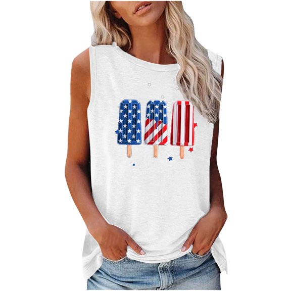 Wycnly 4th of July Tank Top for Women Comfy Loose Fit Patriotic Independence Day Shirts Vest Summer Popsicle Flag Print Round Neck Sleeveless Fashion Blouses White l