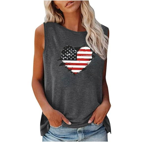 Wycnly 4th of July Tank Top for Women Comfy Loose Independence Day Patriotic Shirts Vest Summer American Flag Heart Print Crewneck Sleeveless Fashion Blouses Gray m