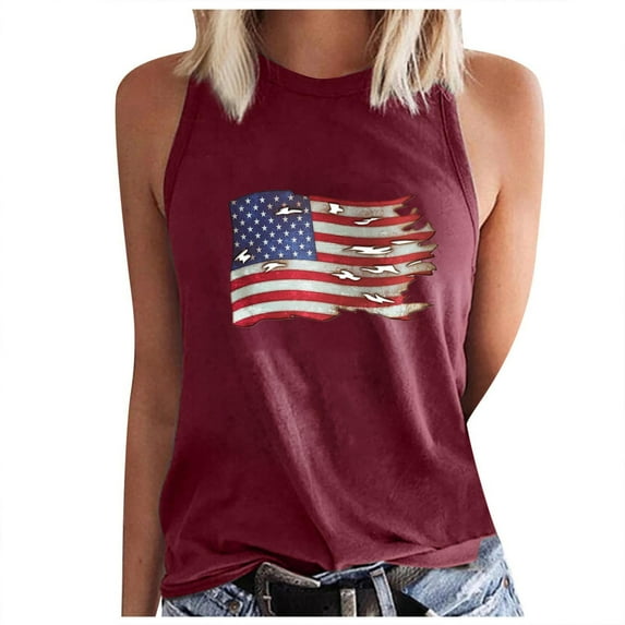 Wycnly 4th of July Tank Top for Women Independence Day Patriotic Loose Comfy Racerback Shirts Vest Summer American Flag Print Round Neck Sleeveless Fashion Blouses Wine l