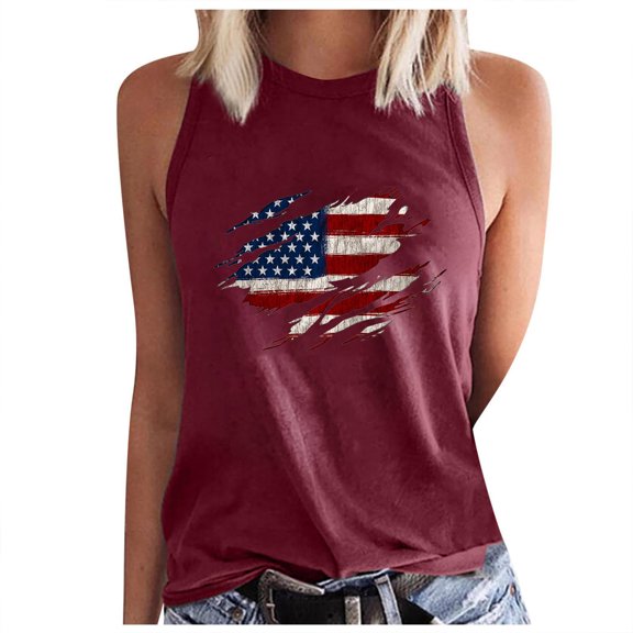 Wycnly 4th of July Tank Top for Women Independence Day Patriotic Loose Comfy Racerback Shirts Vest Summer USA Flag Print Crewneck Sleeveless Fashion Blouses Wine xxl