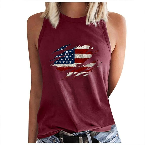 Wycnly 4th of July Tank Top for Women Independence Day Patriotic Loose Comfy Racerback Shirts Vest Summer USA Flag Print Crewneck Sleeveless Fashion Blouses Wine s