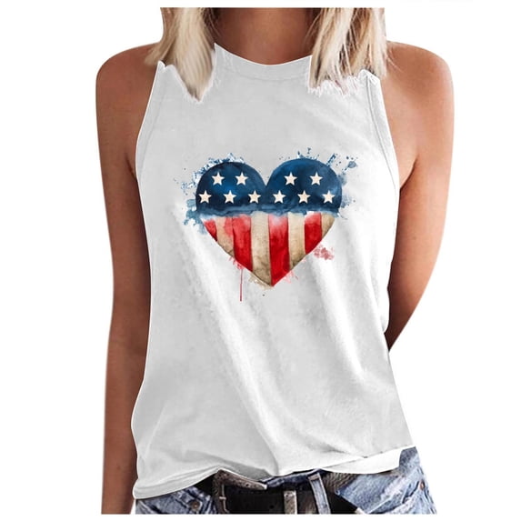 Wycnly 4th of July Tank Top for Women Independence Day Patriotic Regular Fit Racerback Shirts Vest Summer Heart Flag Print Round Neck Sleeveless Fashion Blouses White m