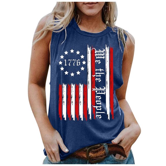 Wycnly 4th of July Tank Top for Women Independence Day Patriotic Shirts Lightweight Loose Fit Pullover Vest Summer Striped Letter Print Round Neck Sleeveless Fashion Blouses Navy s
