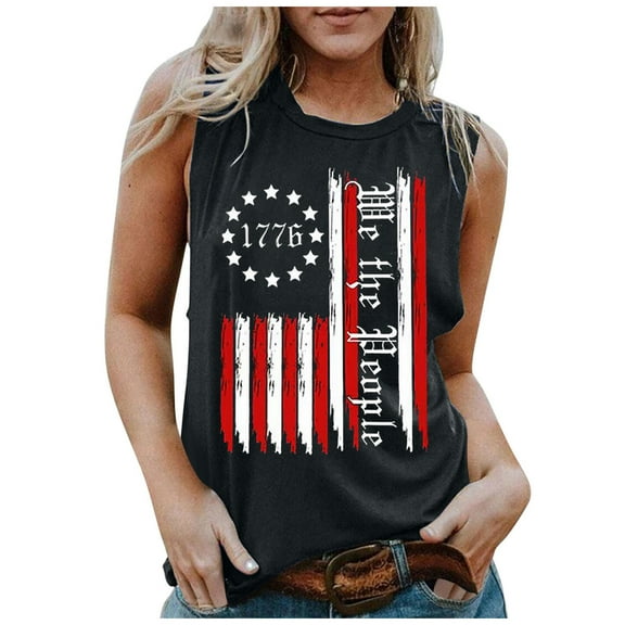Wycnly 4th of July Tank Top for Women Independence Day Patriotic Shirts Lightweight Loose Fit Pullover Vest Summer Striped Letter Print Round Neck Sleeveless Fashion Blouses Black l