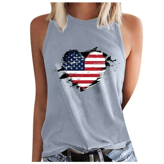 Wycnly 4th of July Tank Top for Women Independence Day Patriotic Shirts Loose Fit Racerback Vest Summer Heart American Flag Print Crewneck Sleeveless Fashion Blouses Gray xl