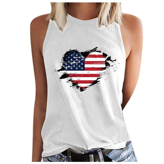 Wycnly 4th of July Tank Top for Women Independence Day Patriotic Shirts Loose Fit Racerback Vest Summer Heart American Flag Print Crewneck Sleeveless Fashion Blouses White xl
