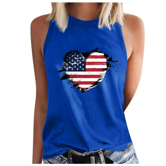Wycnly 4th of July Tank Top for Women Independence Day Patriotic Shirts Loose Fit Racerback Vest Summer Heart American Flag Print Crewneck Sleeveless Fashion Blouses Blue m