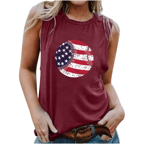 Wycnly 4th of July Tank Top for Women Independence Day Patriotic Tshirts Loose Fit Breathable Vest Summer Baseball US Flag Print Round Neck Sleeveless Fashion Blouses Wine s