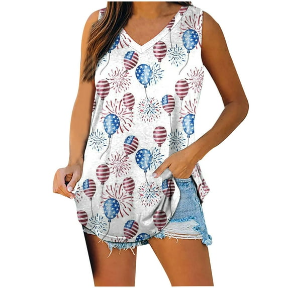 Wycnly 4th of July Tank Top for Women Lightweight Comfy Independence Day Shirts Tunic Patriotic Vest Summer Balloons Flag Print V-Neck Sleeveless Fashion Blouses White xl