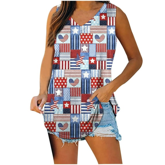 Wycnly 4th of July Tank Top for Women Lightweight Comfy Independence Day Shirts Tunic Patriotic Vest Summer Balloons Flag Print V-Neck Sleeveless Fashion Blouses Light Blue xl