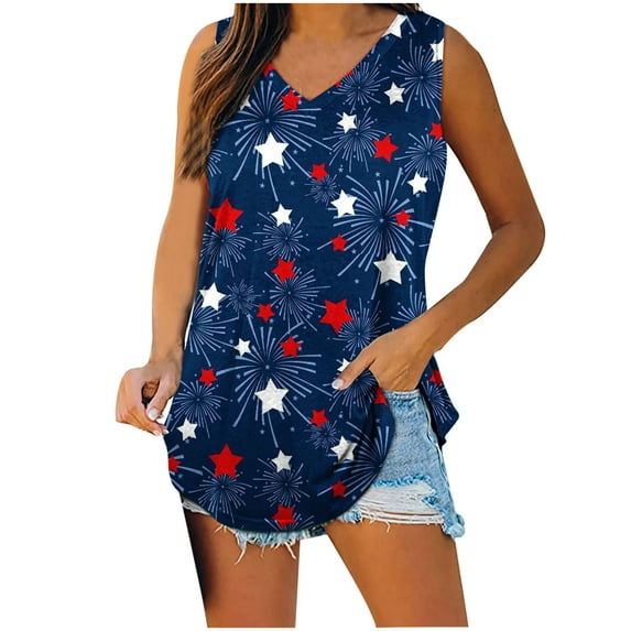 Wycnly 4th of July Tank Top for Women Lightweight Comfy Independence Day Shirts Tunic Patriotic Vest Summer Balloons Flag Print V-Neck Sleeveless Fashion Blouses Navy xxl